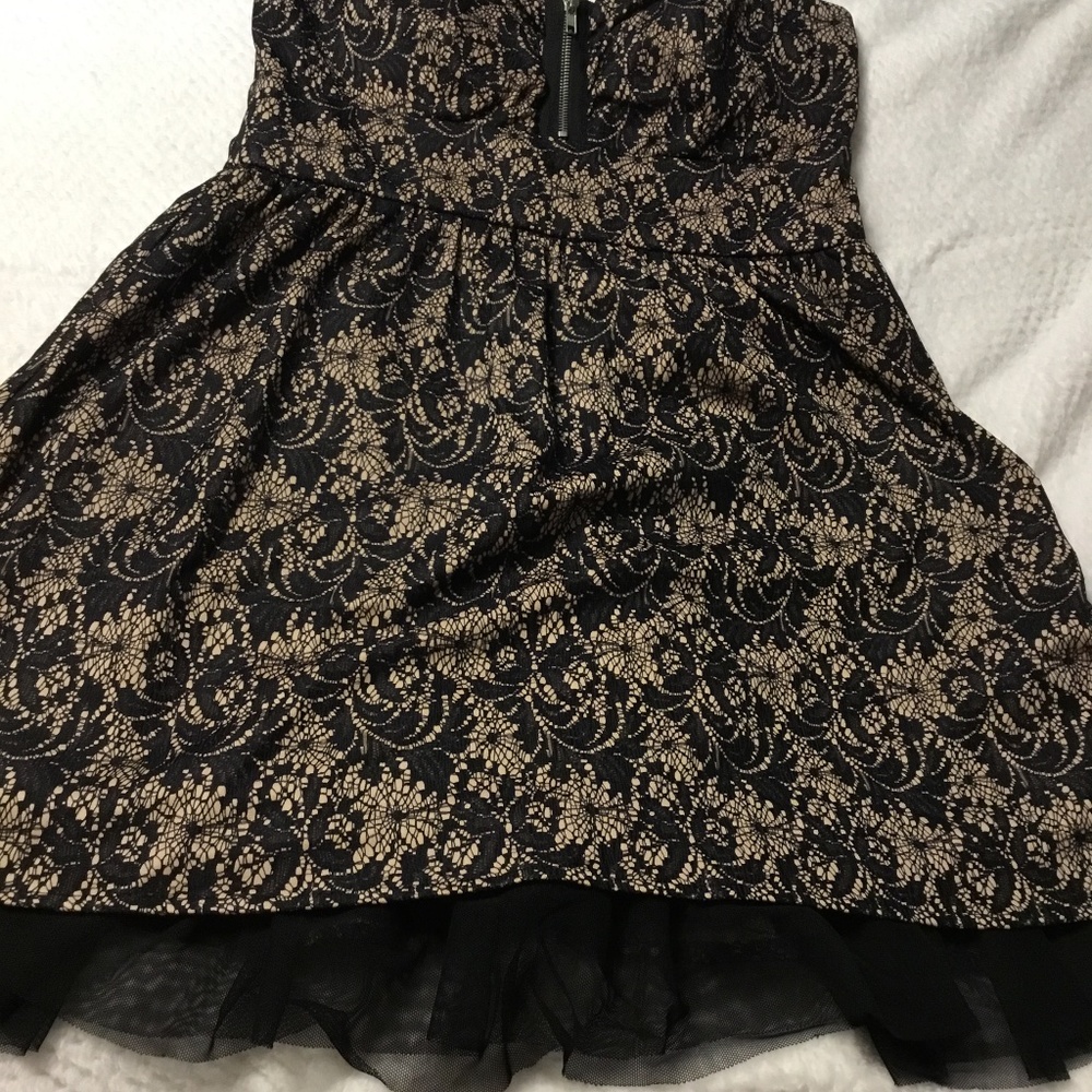 Black lace strapless mini flare dress